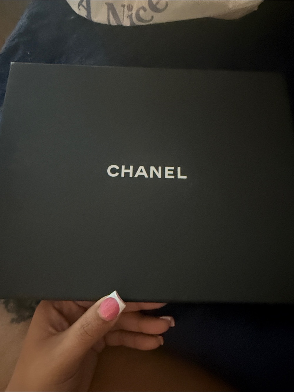 CHANEL Black Box with White Logo and Pink Accent